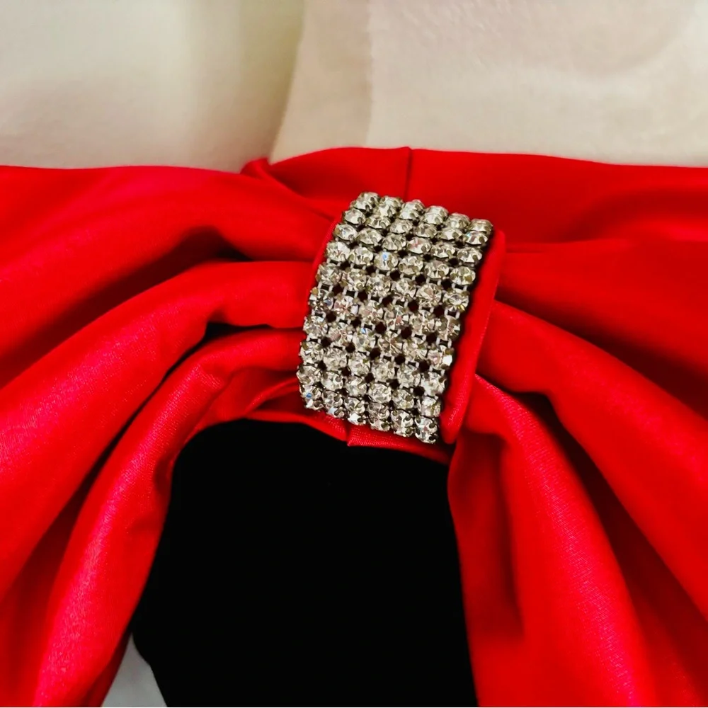 Vintage Jessica Howard Sz 6 One Shoulder Red Satin Bow and Black Velvet Dress - Picture 4 of 16